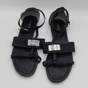 COACH-HARRIET Signature T-Strap Sandal-Black Leather/Silver